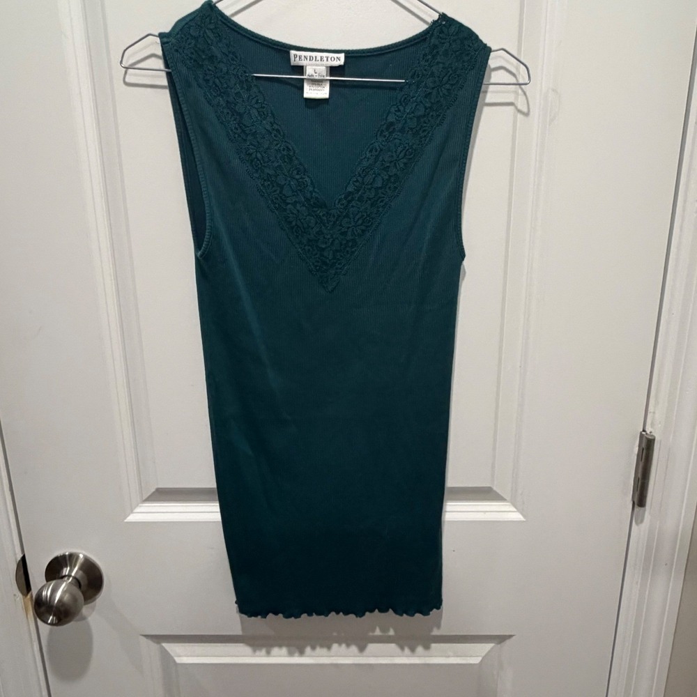Pendleton Womens Tank Top Silk Blend Lace Trim Teal Size L